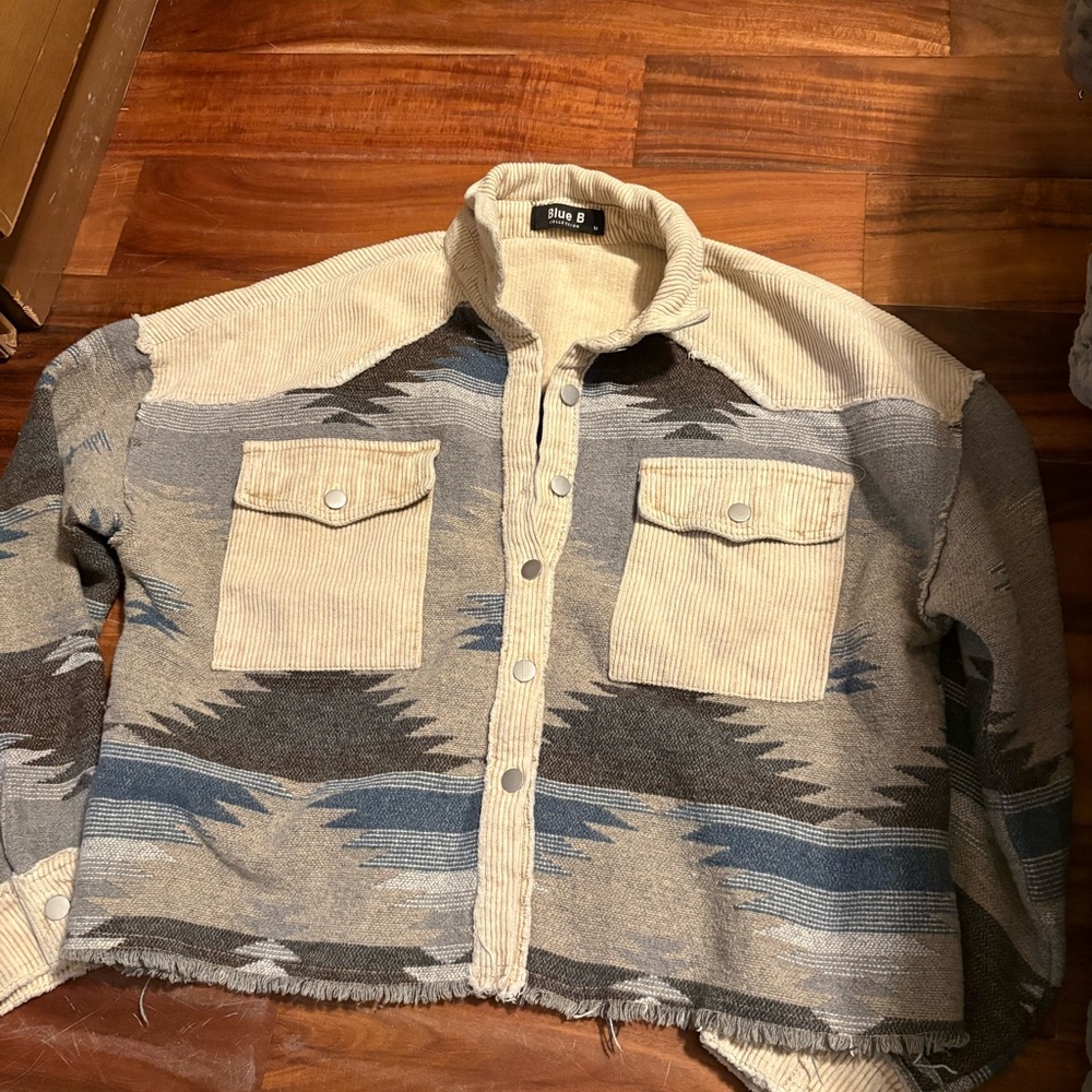 Women’s Southwestern‎ Cropped Jacket Tribal Print Corduroy Trim Size M by blue b